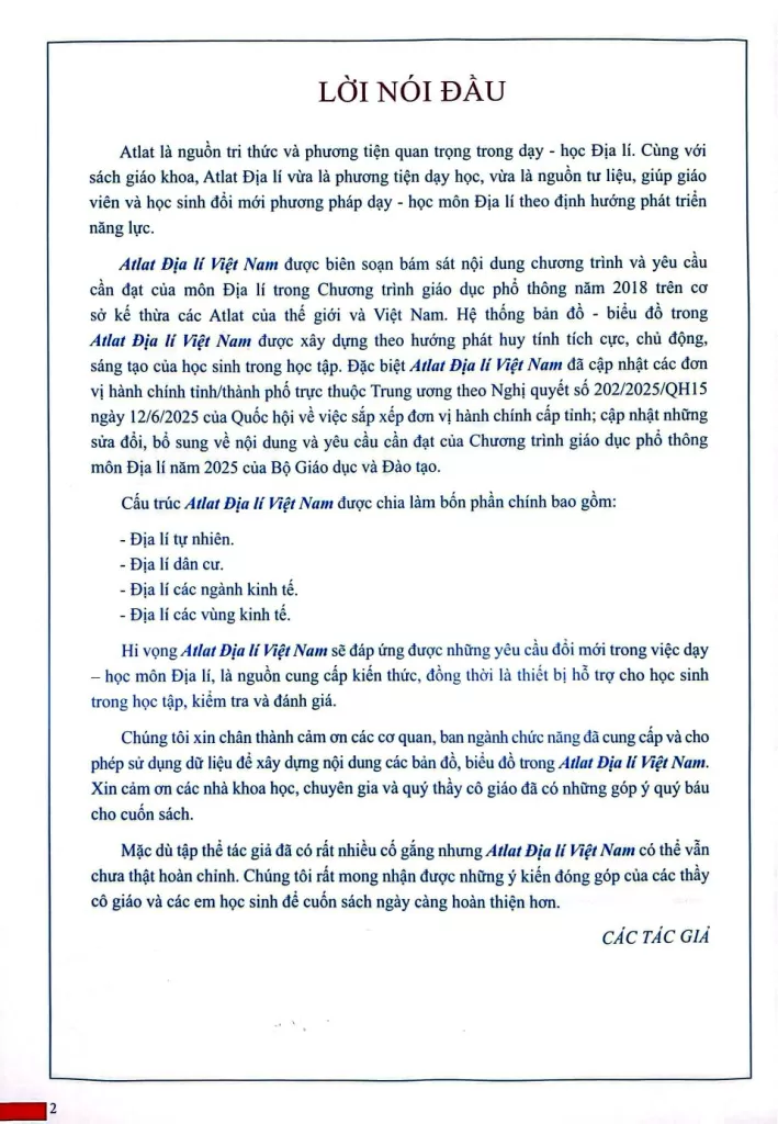 ATLAT ĐỊA LÍ VIỆT NAM - Theo Chương trình GDPT 2018, chỉnh sửa năm 2025 (Phiên bản 34 tỉnh thành mới)